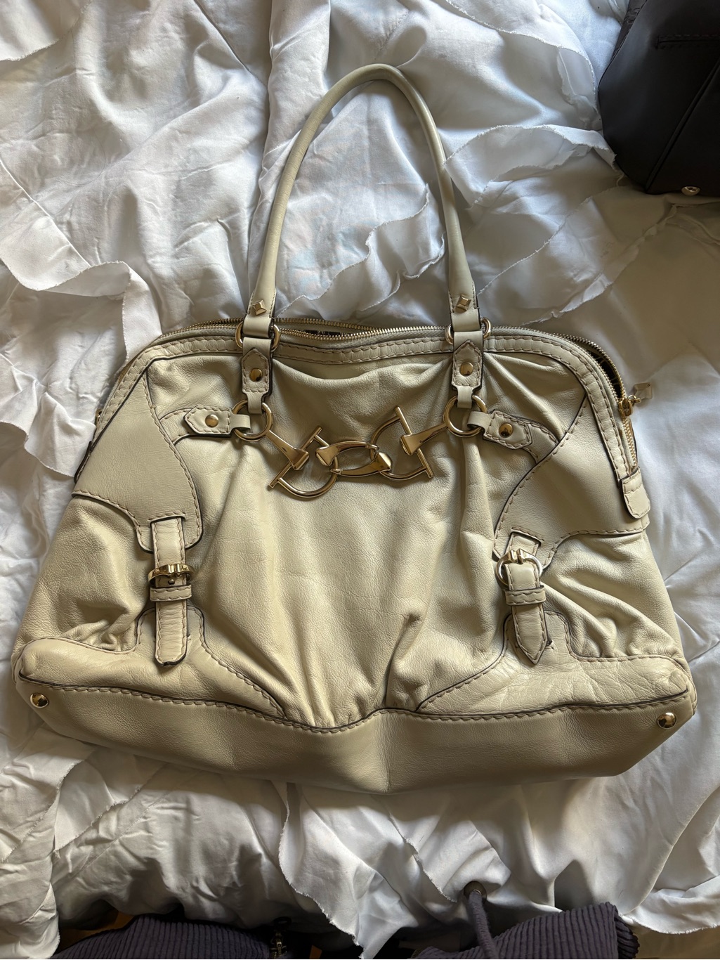 Gucci Cream Leather Top-Handle Tote Bag With Gold Hardware